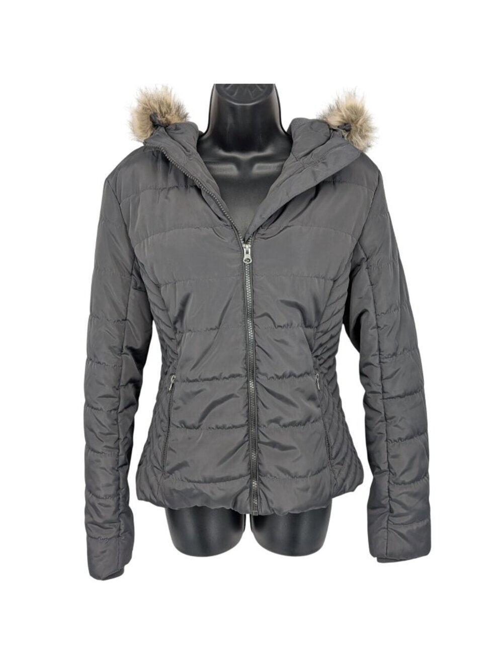 Quilted Puffer Jacket Hooded Faux Trim Insulated Y2K Outdoor Cozy Casual XLarge